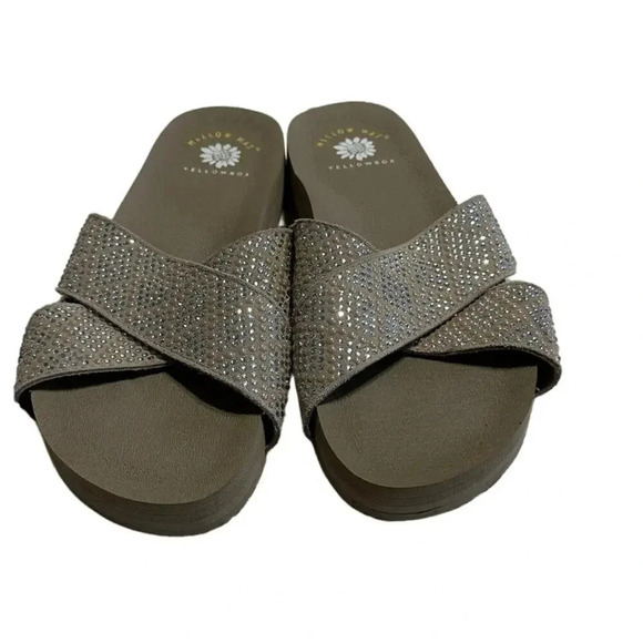 Yellow Box Mellow Mat Jeweled Cross Strap Slip on Sandals Size 8.5 Taupe Leather - Picture 1 of 10